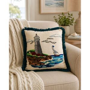 Lighthouse Sailboat Needlepoint Fringed Throw Pillow 16x16 Coastal Decor Vtge